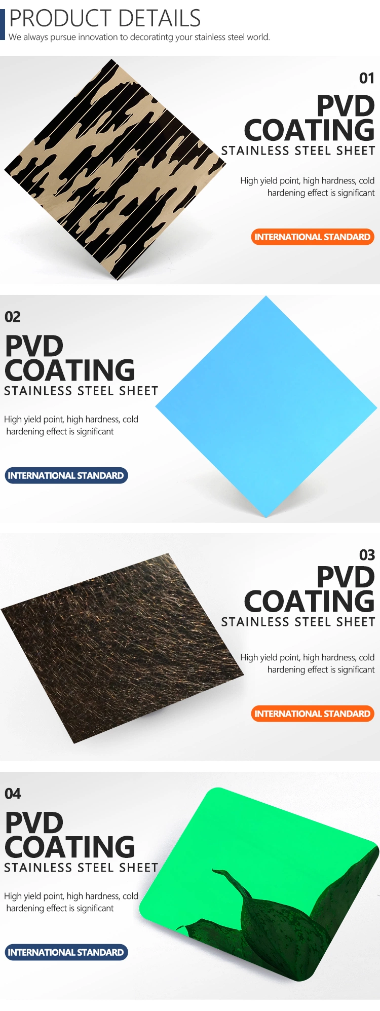 China Factory 201 316 304 PVD Coating Mirror Etched Gold/Black/Blue Stainless Steel Sheet High Quality PVD Material